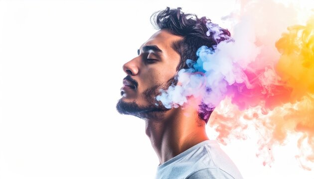 Man with vibrant colorful smoke exploding from his head symbolizing creative thoughts and imagination.