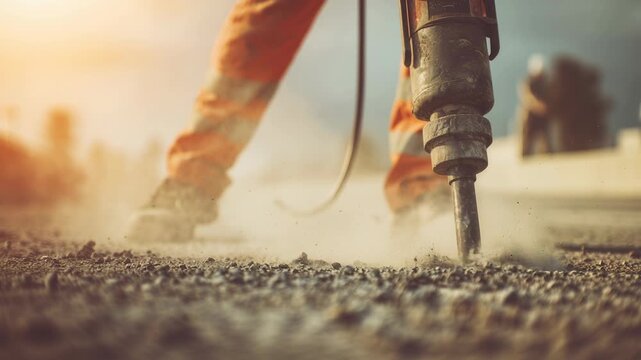 Jackhammer operator demonstrating roadwork safety and skilled labor