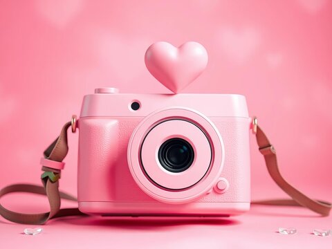 Adorable pink camera with a sweet heart on top, set against a soft pink backdrop for romantic designs,  cheerful design, pink camera