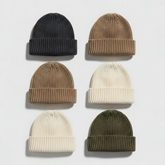 Collection of assorted beanies in various colors displayed on a clean white surface from a straightforward overhead view