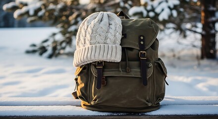 Backpack with a white knitted hat on top sitting on a snowy surface with trees in the background