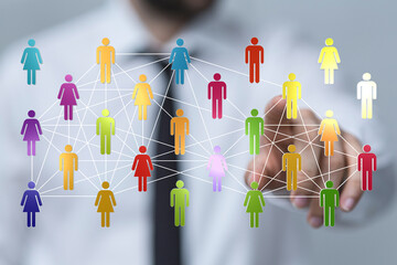 Networking and connecting people concept, business and digital world, hand touching human figures with links.