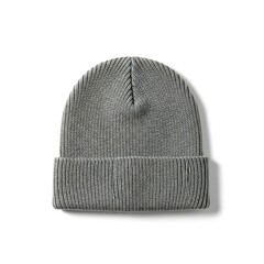 A gray knitted beanie hat on a white background with subtle shadow