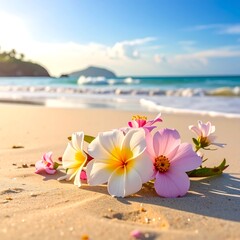 Close up of tropical flowers on a sandy beach near the ocean shore