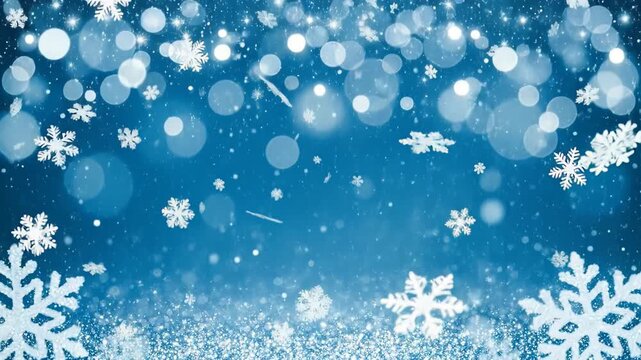 Winter Snowflakes Falling Against Bright Blue Sky Background.