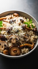 A delicious bowl of creamy risotto prepared with savory wild mushrooms, garnished elegantly with freshly grated Parmesan cheese, healthy, savory, table