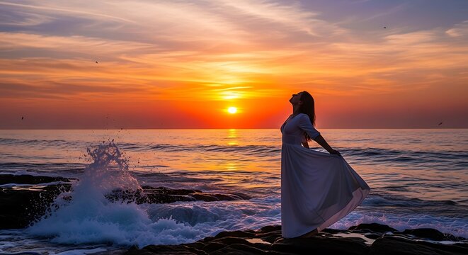 Woman in long dress embraces vibrant sunset over the ocean with crashing waves