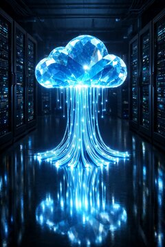 Abstract representation of cloud computing data flow within a futuristic server room, showcasing digital connectivity and network infrastructure.