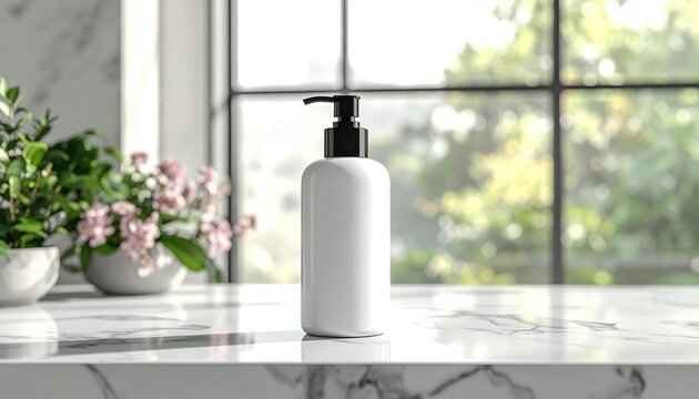 Minimalist white pump bottle on marble countertop with natural light and greenery.