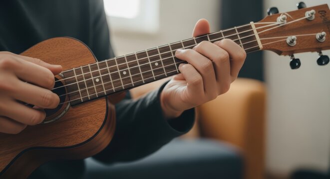 Close-up of person playing ukulele at home, hands strumming chords on a musical instrument