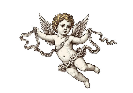 fair-skinned infant cherub flying gracefully, holding an ornate ribbon, rendered in photorealistic vintage sepia engraving style on a transparent background, concept of classical serenity