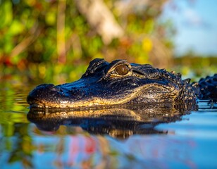 Obraz premium Close-up of an Alligators Head in Calm Water, Reflecting Sunlight and Natures Beauty.