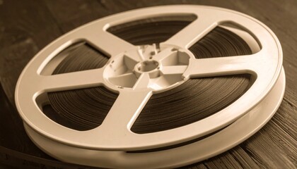Obraz premium Close-up of a vintage film reel on a wooden surface, capturing cinematic nostalgia.