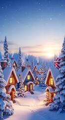 Enchanted dwellings nestled within a snowy forest village at twilight