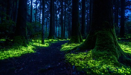 Obraz premium Mystical forest with glowing green moss on trees and ground