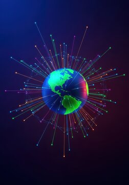 Digital earth globe spinning with radiating network connections, illustrating global data flow and internet technology and communication, abstract, glowing, 3D