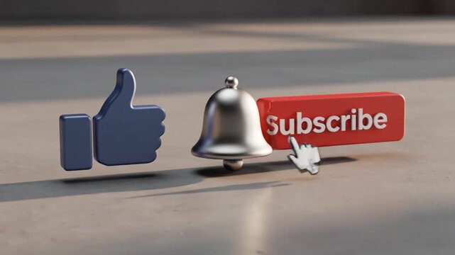 3D rendering of a thumbs up icon, a bell, and a subscribe button on a gray surface with shadows, conveying a notification and approval theme.