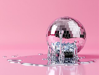 Melting Silver Disco Ball on Pink Background 
