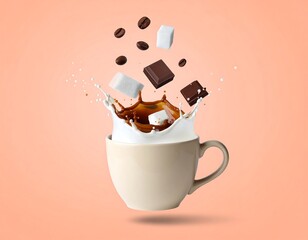 Exploded View Floating Coffee Cup Elements. Gravity-defying layouts are trending for "light" products (diet, software, cloud computing)