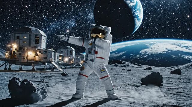 Astronaut Explores Moon Base, Space Travel, Moon Landing, Science, Exploration, and Galaxy Beyond