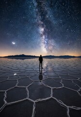 Solitary figure contemplates vast starry night sky above hexagonal salt flat surface