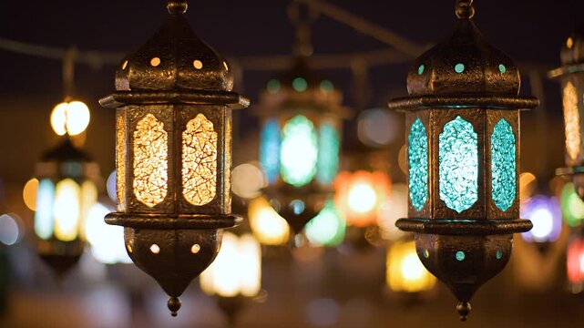Cinematic night footage of traditional Ramadan lanterns hanging and glowing softly