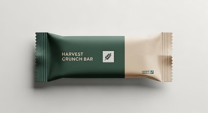 Packaging design of a healthy, crunchy harvest bar, presented in a modern, minimalist aesthetic