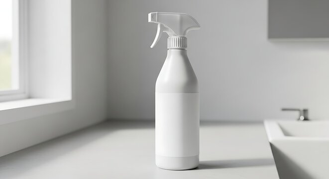 A pristine white spray bottle with a blank label sits on a clean countertop, suggesting household cleaning or hygiene products