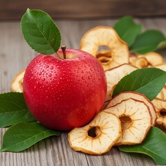 Fresh, dew-covered red fruit rests beside dehydrated fruit rings on weathered wooden surface