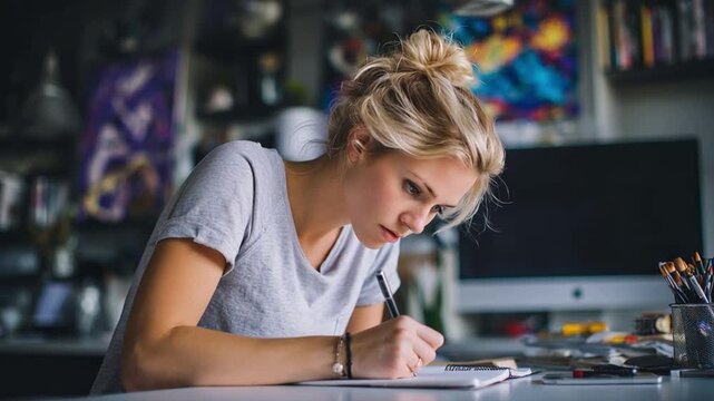  A young artist immersed in her creative process, attentively sketching with a pencil, capturing the essence of inspiration and dedication.