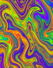 Obraz premium A vibrant, colorful abstract image. Swirling patterns of green, orange, purple, and yellow hues blend creating a psychedelic effect