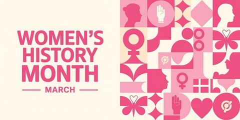 Women's history month March text with pink abstract pattern background and graphic design elements celebrating female empowerment and pride