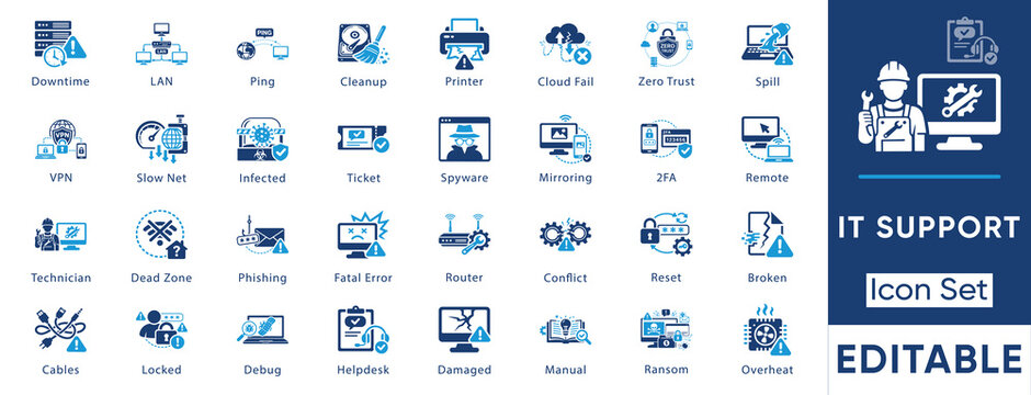 IT support and troubleshooting solid icon set. Vector collection including ransomware, zero trust, downtime, phishing, helpdesk and 2FA symbols.