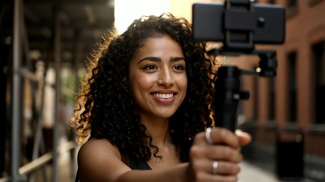 A smiling female vlogger with curly hair records a high-quality lifestyle video in the city using a smartphone on a stabilizer