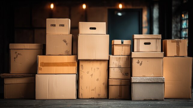 Stacked Cardboard Boxes in an Interior Space with Warm Ambient Lighting and Rustic Background