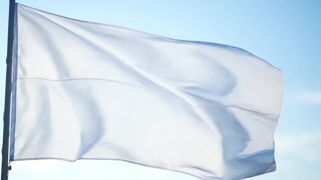 A pristine white flag flutters in the gentle breeze against a bright blue sky, a powerful symbol of peace, surrender, or a clean slate
