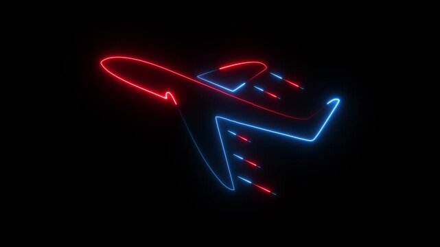 Neon airplane icon animation on black background. aircraft flight, glowing neon line motion. Spacecraft flight, space technology 4k video.