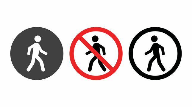 Three pedestrian sign icons displaying walk allowed, walking man and red prohibition no entry symbols, concept for traffic warnings, safety regulations and public navigation design