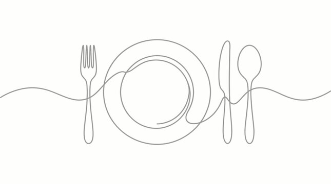 Continuous single line art drawing of a fork, plate, knife and spoon illustration on a pristine white background, concept for restaurant menu design, cafe branding and food industry logos