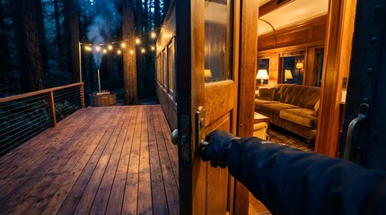 First-person view of a hand opening a wooden door to a cozy, illuminated cabin in a dark forest at dusk, with string lights on the deck.