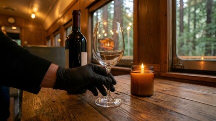 Gloved hand holding a wine glass next to a bottle of red wine and a lit candle on a wooden table inside a train car with a forest view.