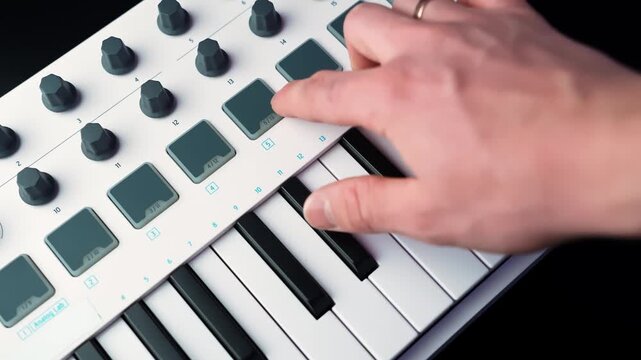 Hand taps a drum pad on a compact MIDI keyboard controller, triggering beats in a home studio setup&mdash;close-up of modern music production and performance.