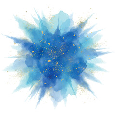 Abstract blue watercolor explosion with golden glitter splashes luxury greeting card template design