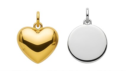 Obraz premium A gold heart-shaped pendant and a silver round pendant on transparent background