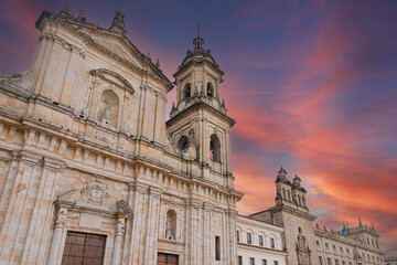 Neoclassical facade of the Primatial Cathedral of Bogotá at Bolivar Square, Colombia © mardoz