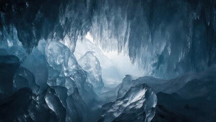 Ethereal Ice Cave Interior with Striking Light and Shadow Play.
