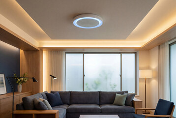Circular smart ceiling light with glowing ring in modern living room