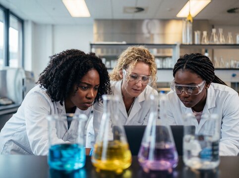 Three focused female scientists analyzing colorful chemical solutions in a modern research lab