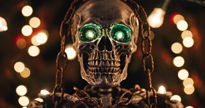 A spooky skeleton adorned with chains and glowing eyes stands against a festive backdrop