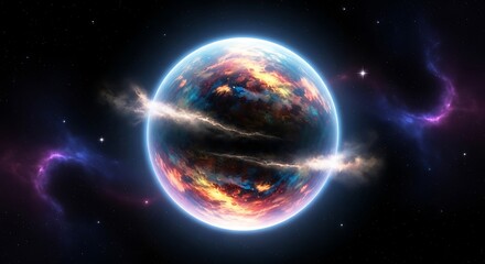 Naklejka premium Vibrant Alien Planet with Nebulae and Atmospheric Effects.